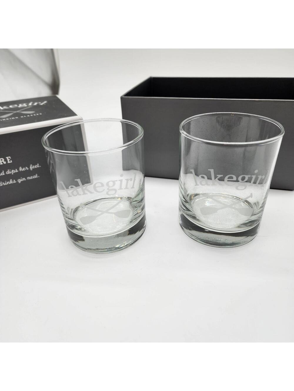 Lakegirl Etched Whiskey Glasses Set of 2 – Heavy Base – New in Box Lake Lore